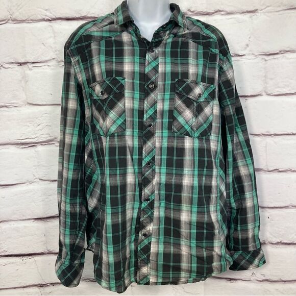 Helix Shirt SZ L Western Athletic Fit Pearl Snap Long Sleeve Green Plaid Rodeo - Picture 2 of 12